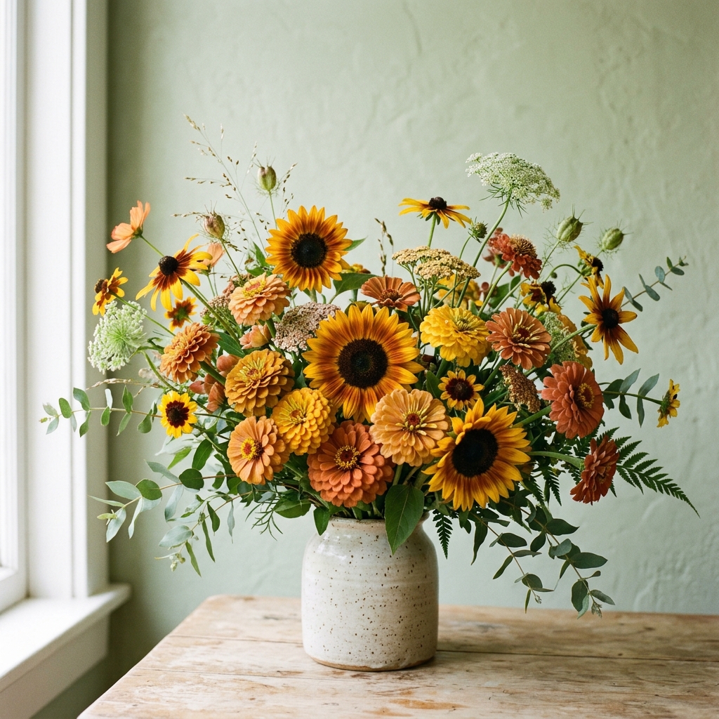 Ramo de verano con girasoles y zinias - Arte en Flores